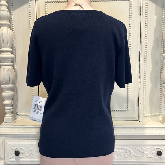 Designers Originals Petite Navy Short Sleeve Fine Knit Sweater Top SZ Medium - Picture 2 of 6